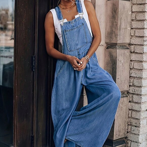 Pants - Blue Casual Women's Loose Wide Leg Overalls